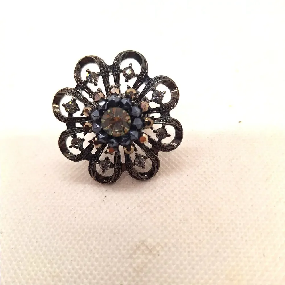 Stretch Statement Ring Clear & Black Rhinestones Gunmetal Tone